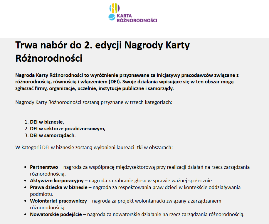 Call for applications for the 2nd edition of the Diversity Charter Award (Karty Różnorodności) is now open!