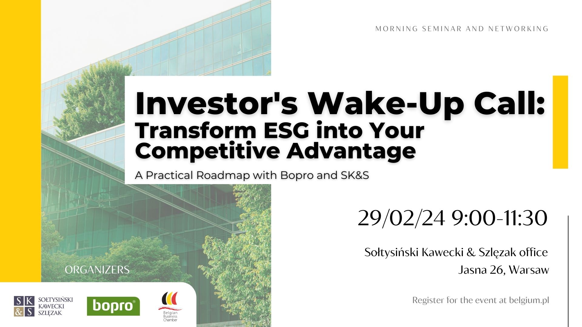Investor's Wake-Up Call: Transform ESG into Your Competitive Advantage (A Practical Roadmap with Bopro and SK&S) | BBC x PARTNERS | WARSAW