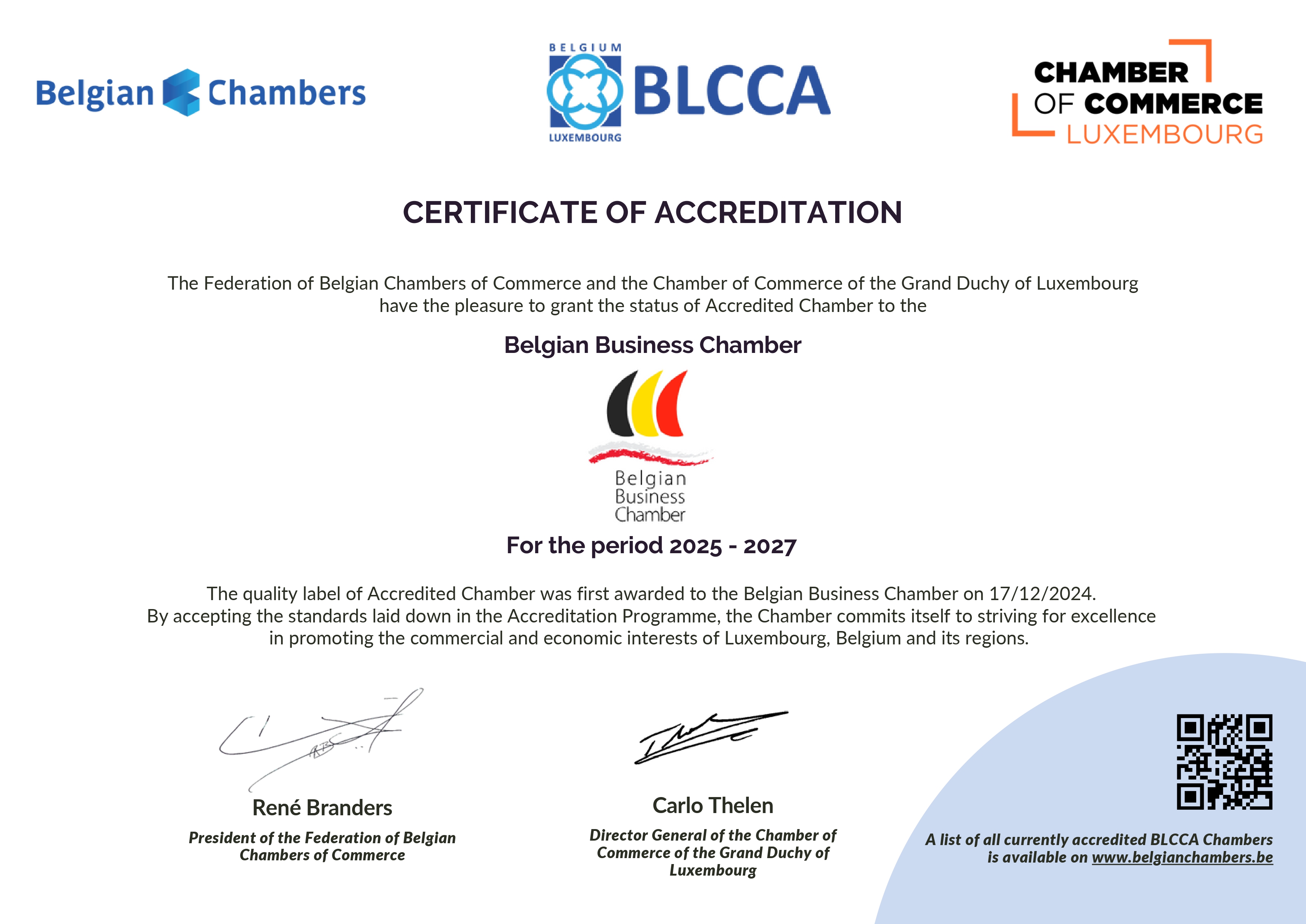 Belgian Business Chamber Secures Prestigious BLCCA Accreditation